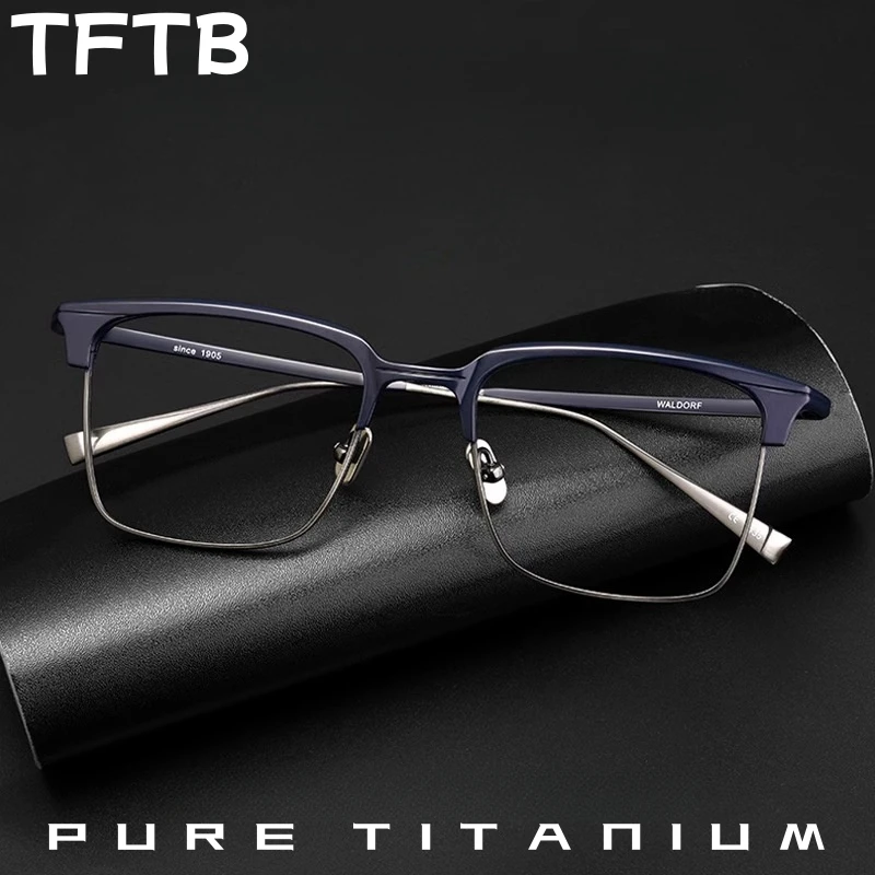 TFTB High-end All-titanium Men Glasses Frame Retro Fashion Square Eyewear Business Designer Optical Prescription Eyegalss 144mm