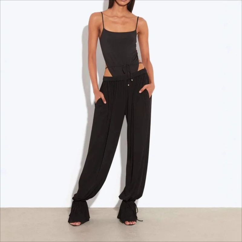 

2025 женский повседневный наряд, черный топ, брюки, комплект, сексуальный комбинезон с открытой спиной, модная горячая распродажа
