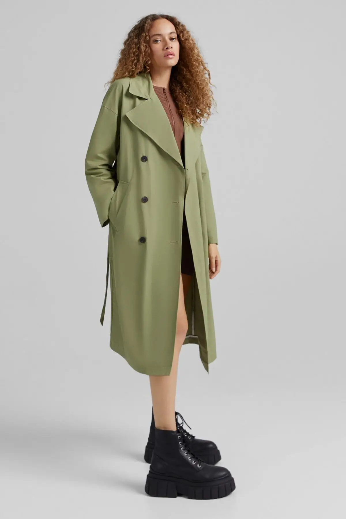 

Women's Long Green Trench Coat Long Buttoned Overcoat Autumn Outerwear Cotton Casual Jacket Full Sleeve New Fashion Dresses