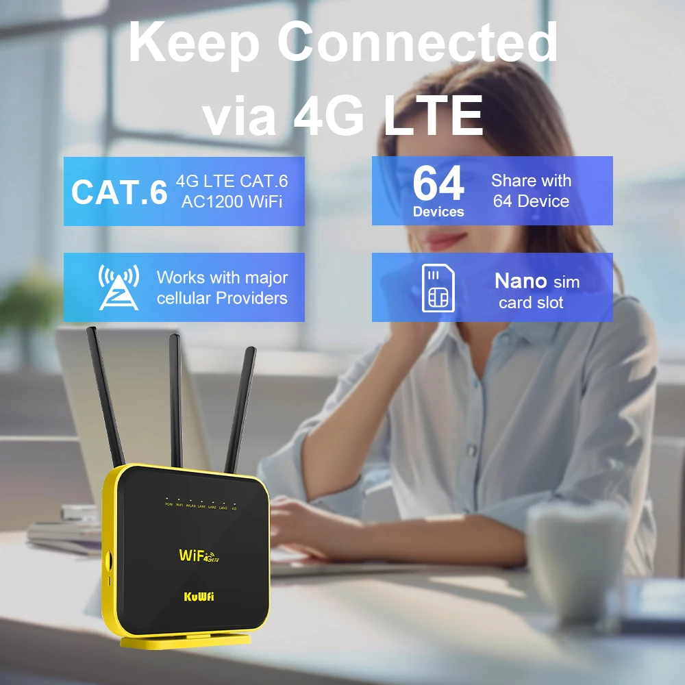 KuWFi CAT6 300Mbps 4G LTE راوتر AC1200 2.4G 5 جيجا هرتز WiFi 4G + مودم جيجابت إيثرنت ميناء هوائيات قابلة للفصل AP مكرر الوضع VPN
