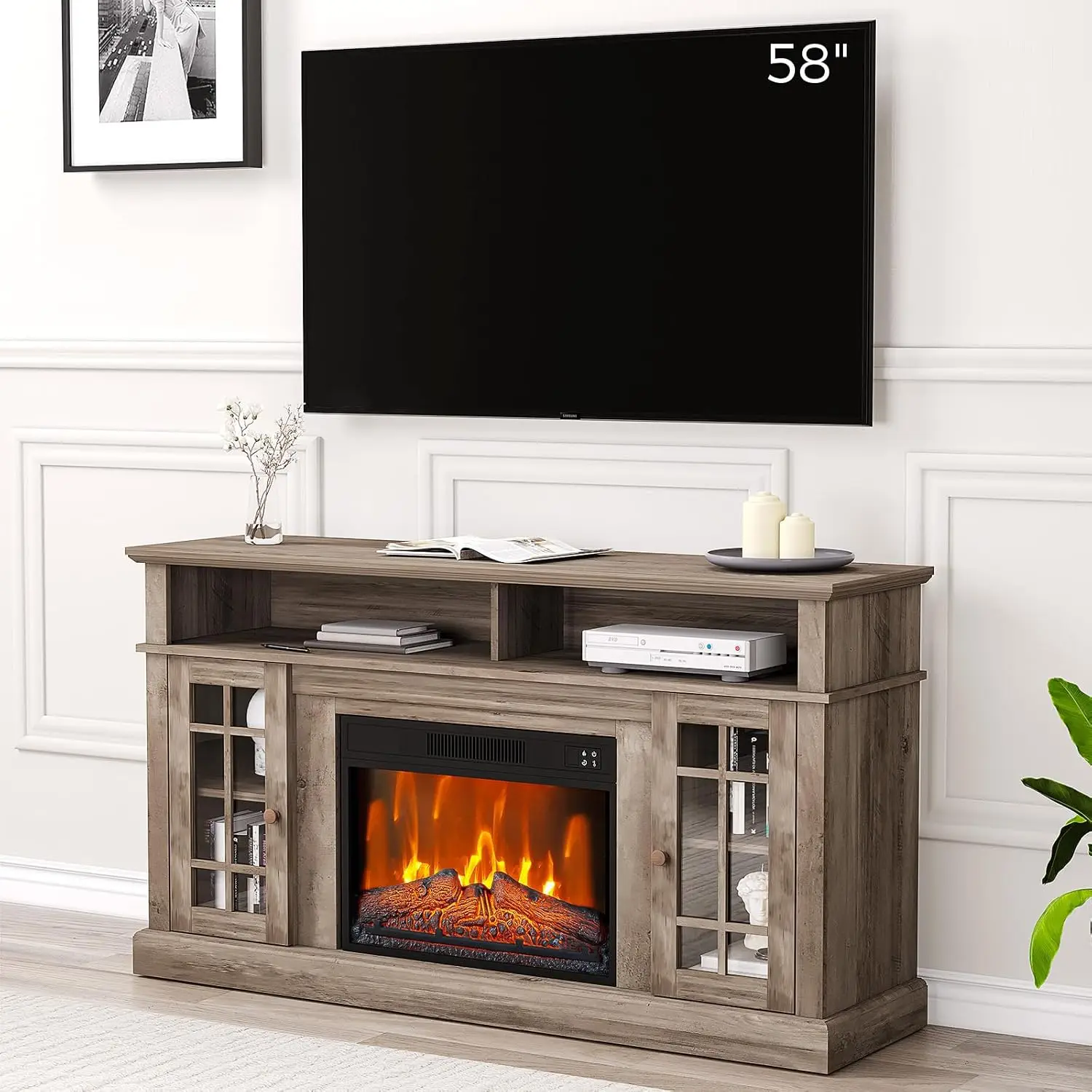 Log Color Farmhouse Fireplace TV Stand for 58'' TV, 23