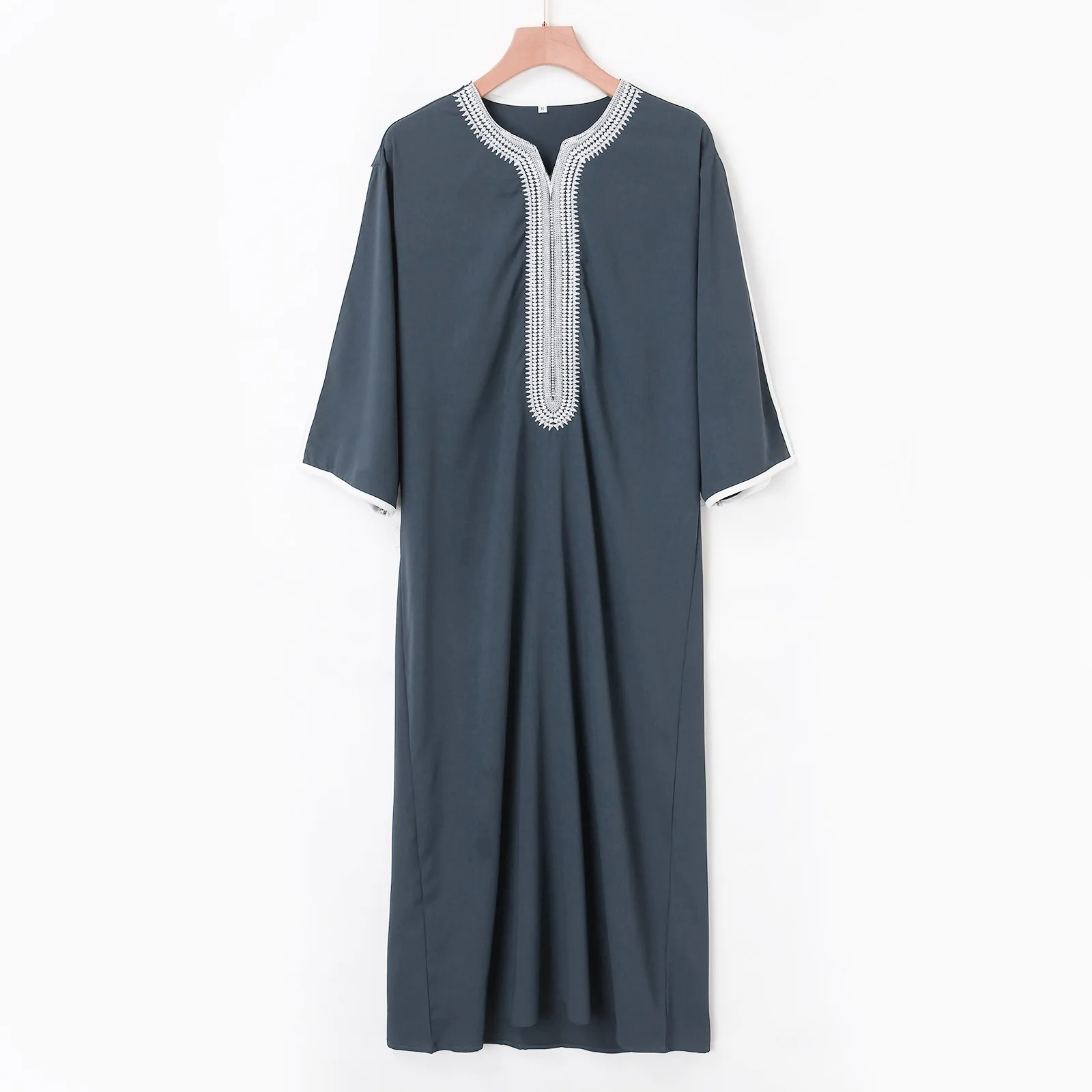 Vêtements musulmans pour hommes, robe arabe musulmane, couleur unie, printemps été, manches mi-longues, robe islamique, mode brodée, longue robe musulmane