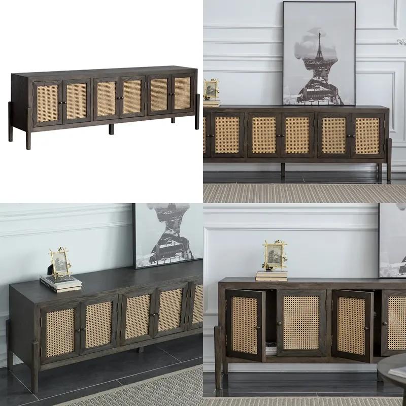 Nordic Rattan TV Stand Retro Media Console Storage Cabinet for Small Living Room Floor Unit Audio Visual Furniture