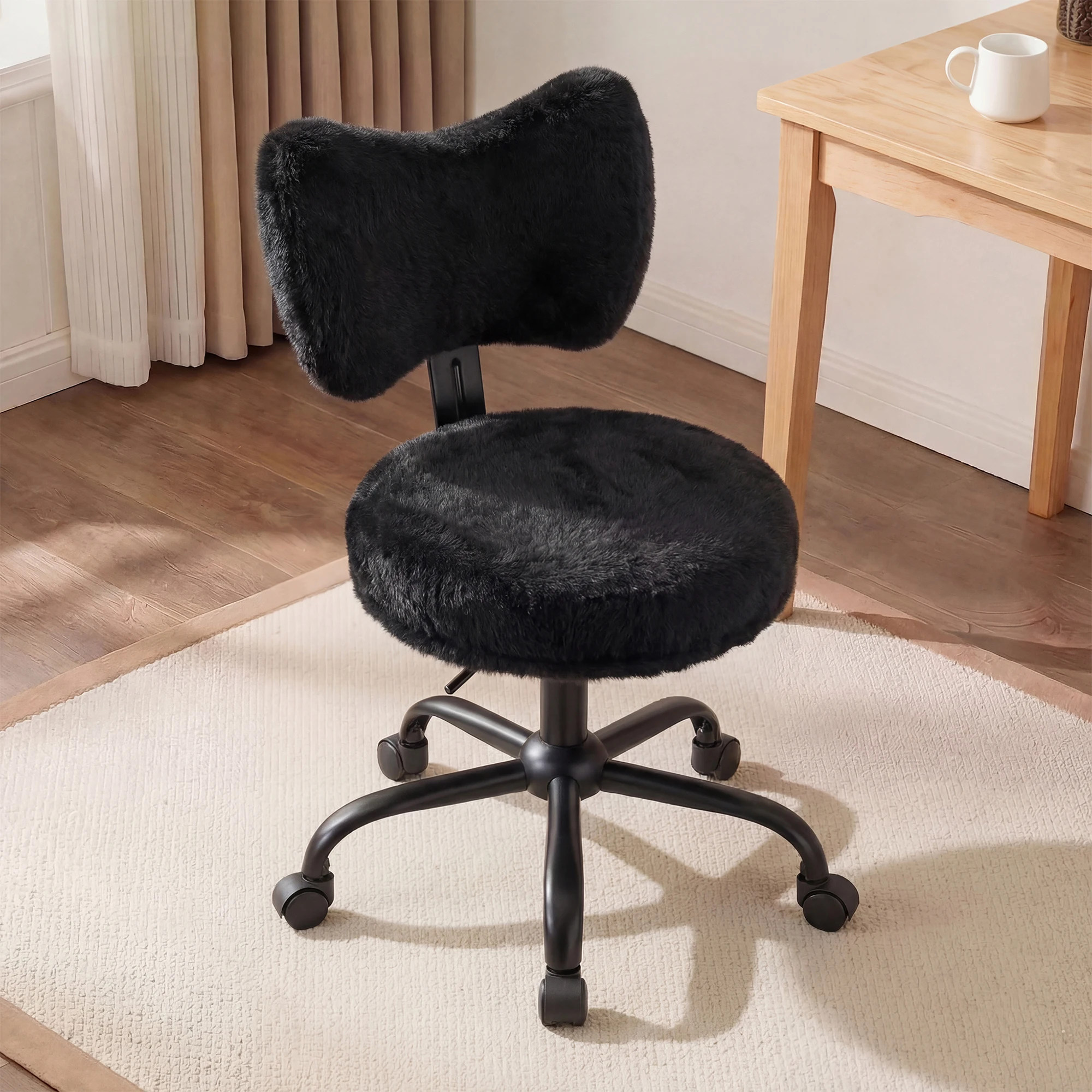 EnHomee  Cute Bow Back Vanity Chair with Wheels, Fluffy Faux Rabbit Fur Desk Chair, Height Adjustable Ergonomic Computer Chair, Portable Makeup Chair for Bedroom Dorm Home Office view 4