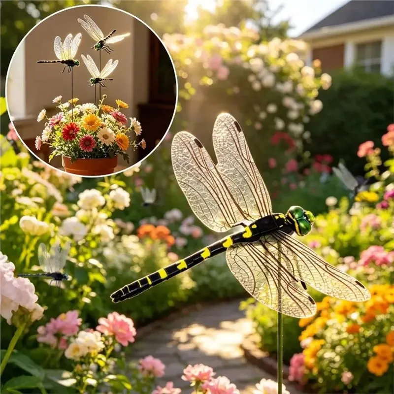 3/9pcs Realistic Artificial Dragonfly Garden Stakes, Black Yellow Dragonfly Plant Pick Ornaments, Fake Insect Decor for Flower