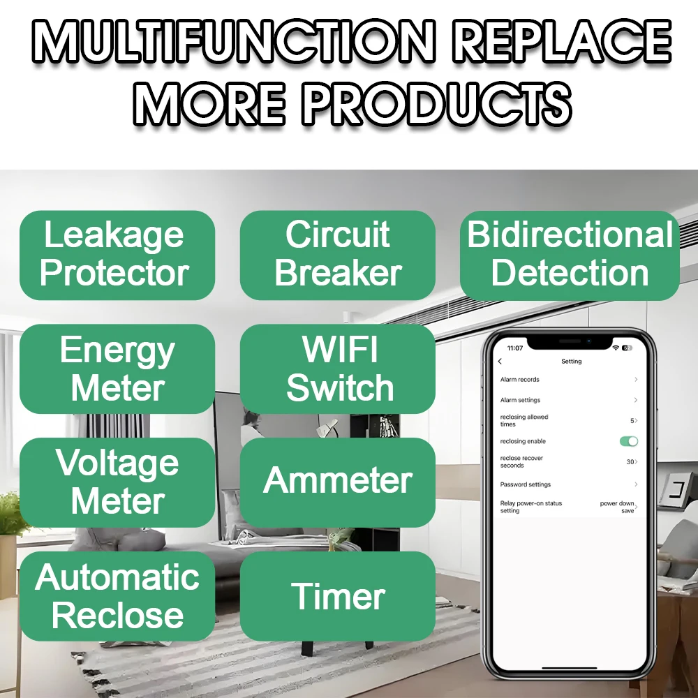 63A Tuya Smart WiFi Circuit Breaker Switch BI-Direction Measuring Earth Leakage Over Under Voltage Protector Energy Power Meter