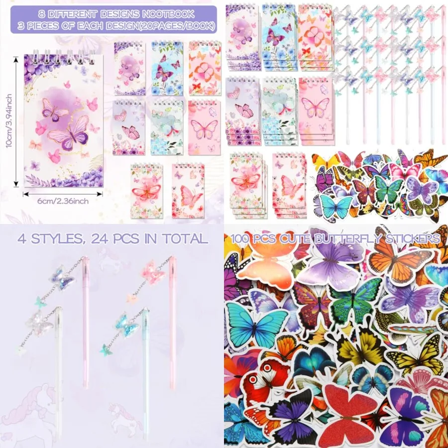 

148 Pcs Butterfly Themed Party Return Gifts Set with Mini Notebooks Pens and Stickers for Birthday Parties Classroom Rewards Sc
