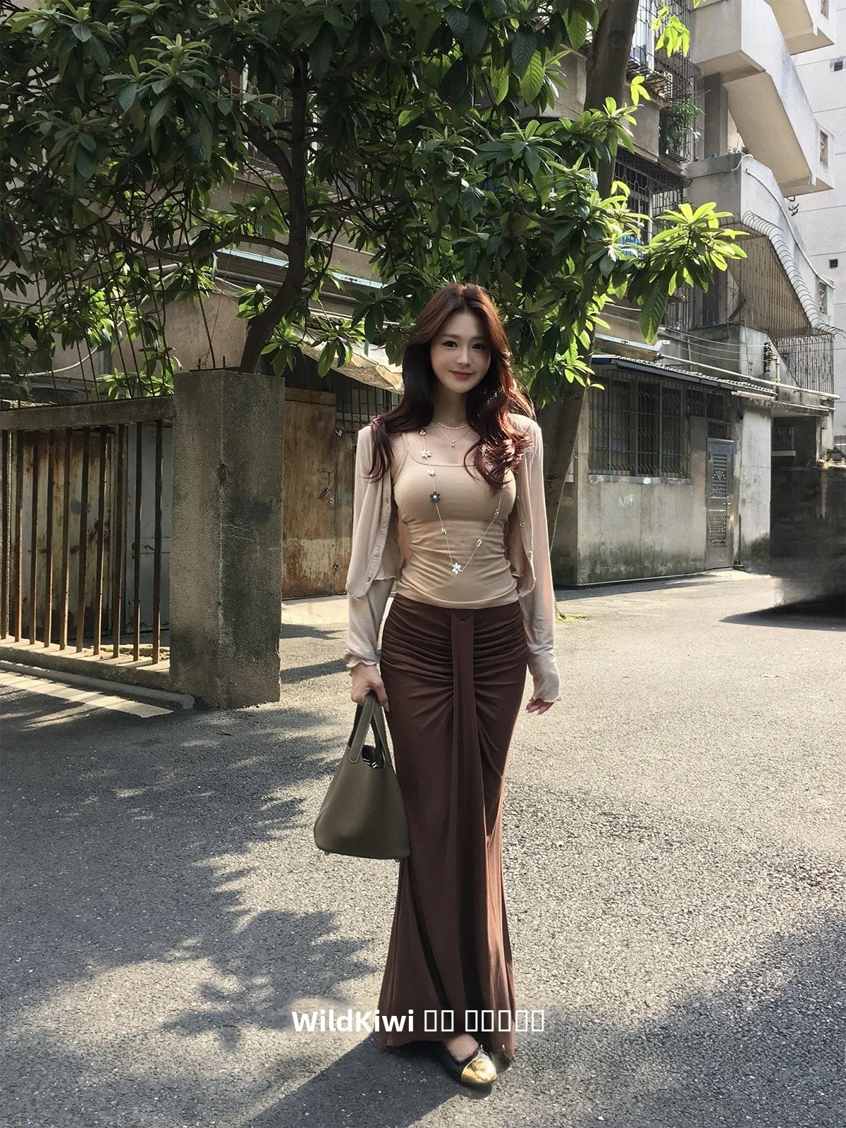 

Wild Kiwi High Waist Pleated Slim Fit Long Tail Fi Tailed Skirt Women's Coffee Color Autumn New Sle Ci Commute Casual Date