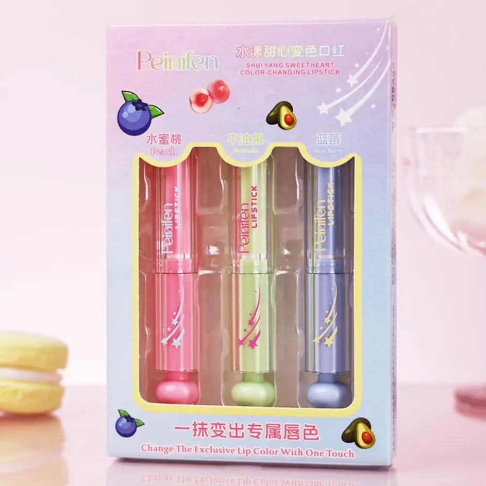 3個入りフルーツフレーバー変色リップバームセット 保湿リップグロス、プランピングティントリップスティック、長持ちリップケアキット