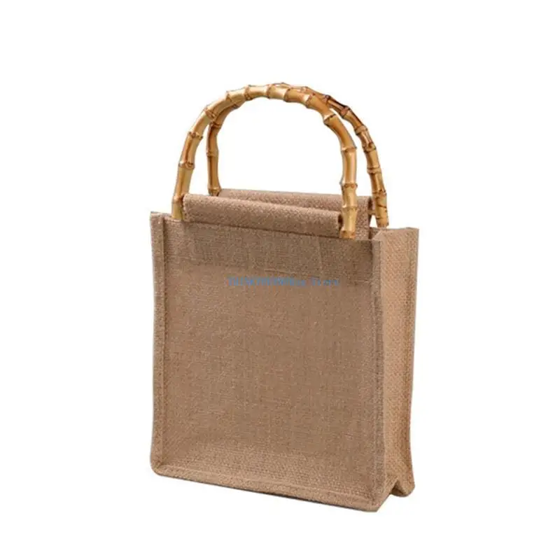 

63HC Portable Burlap Jute Shopping Bag Handbag Bamboo Loop Handles Reusable Tote Grocery Bags for Women Girls