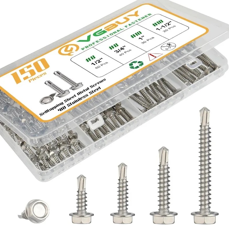 150-Piece Self-Drilling Screw Combination Set, 410 Stainless Steel Self-Tapping Sheet Metal Tek Screws # 8 1/ 2inch , 3/ 4inch , # 10 1inch ,1-1/ 2inch , Hexagonal Washer Head, Anti-Rust Fasteners, Suitable for m Series Fasteners
