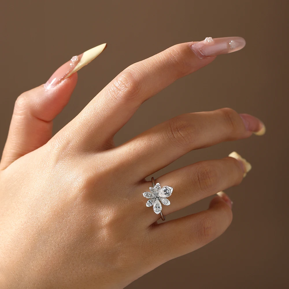 Pear Cut D Color VVS1 Floral Moissanite Ring GRA Certified Pass Diamond Tester Anti Allergy Never Fade S925 Sterling Silver Luxury Fine Jewelry For Women Engagement Wedding Anniversary Birthday Gift