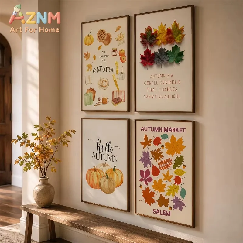 Halloween Fall Pumpkin Maple Leaf Canvas Gallery Hello Autumn Typography Wall Art Farmhouse Thanksgiving Home Decor Gift Poster