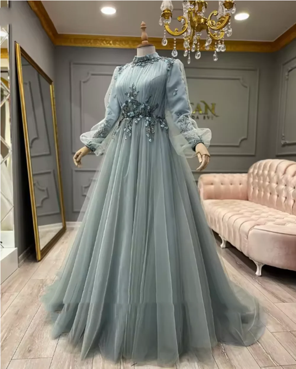 Vestidos De Noche musulmanes De manga larga, color azul polvoriento, una línea De tul con cuentas, flores, elegantes vestidos formales árabes De Dubái para graduación, bata De boda