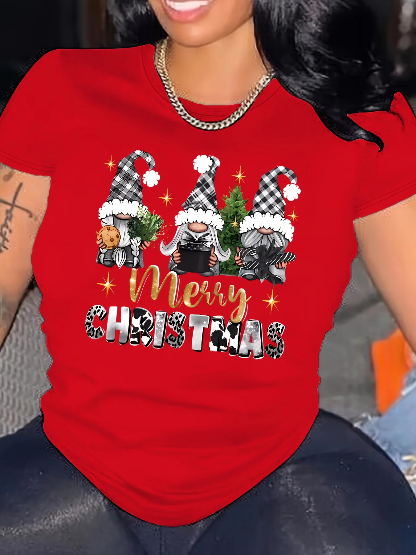 Merry Christmas Lettering Casual Holiday Party Outfit  Playful Design Short Sleeve Christmas Gnome Shirt Farm Clothes Halloween