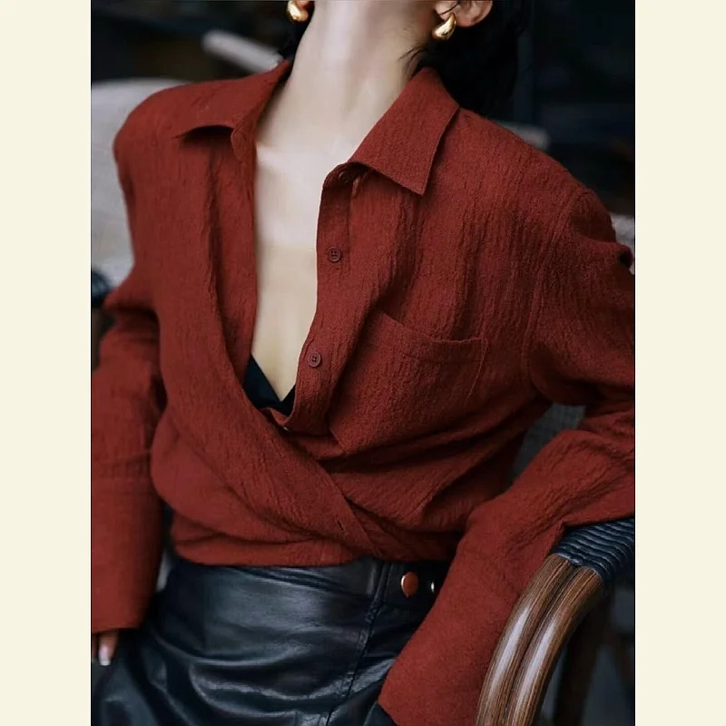 

Elegant Red Wine Color Shirt Women's Fashionable Special Edition Autumn New Arrival Lightweight Beautiful Unique Stylish