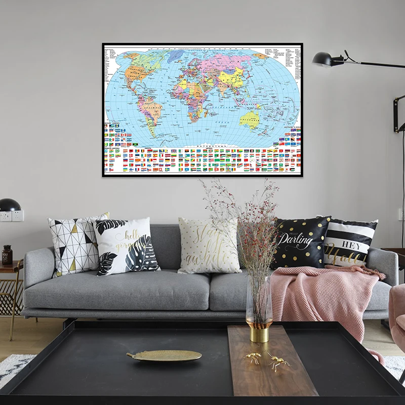 Ukrainian World Map Canvas Classic Edition Decorative Hanging Picture Home Bedroom Decor Teaching Travel Study Supplies 59*42cm