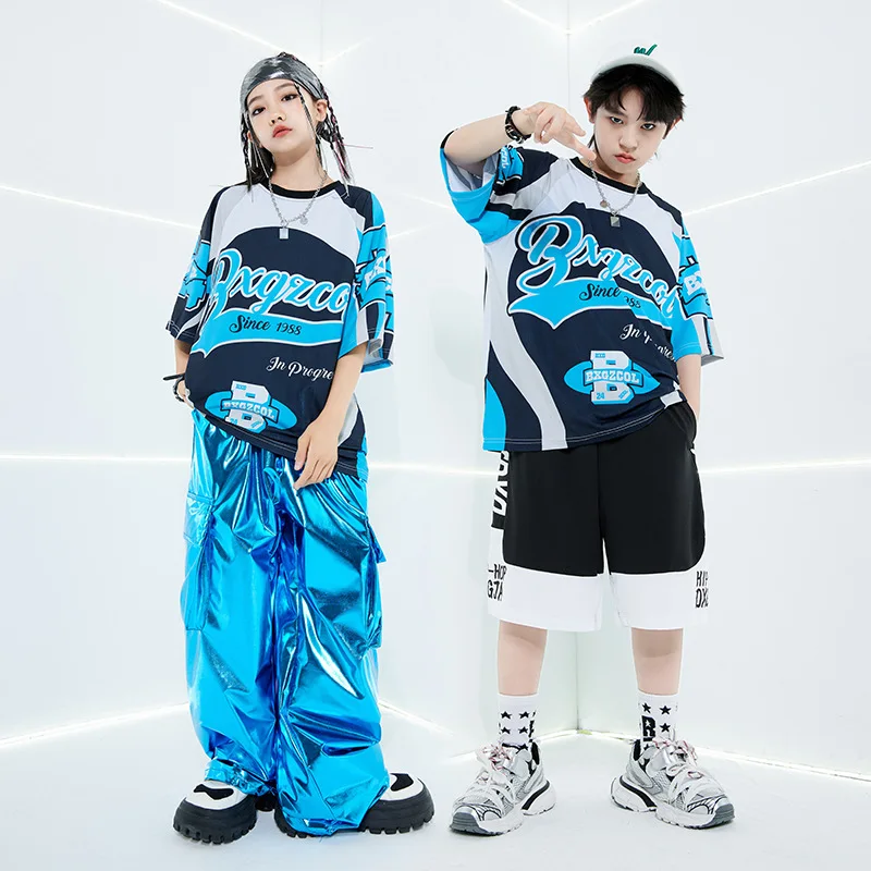 New Fashion Jazz Modern Dance Performance Stage Costumes for Girls Blue T Shirt Loose Pants Suit Boys Hip Hop Rave Clothes Sets