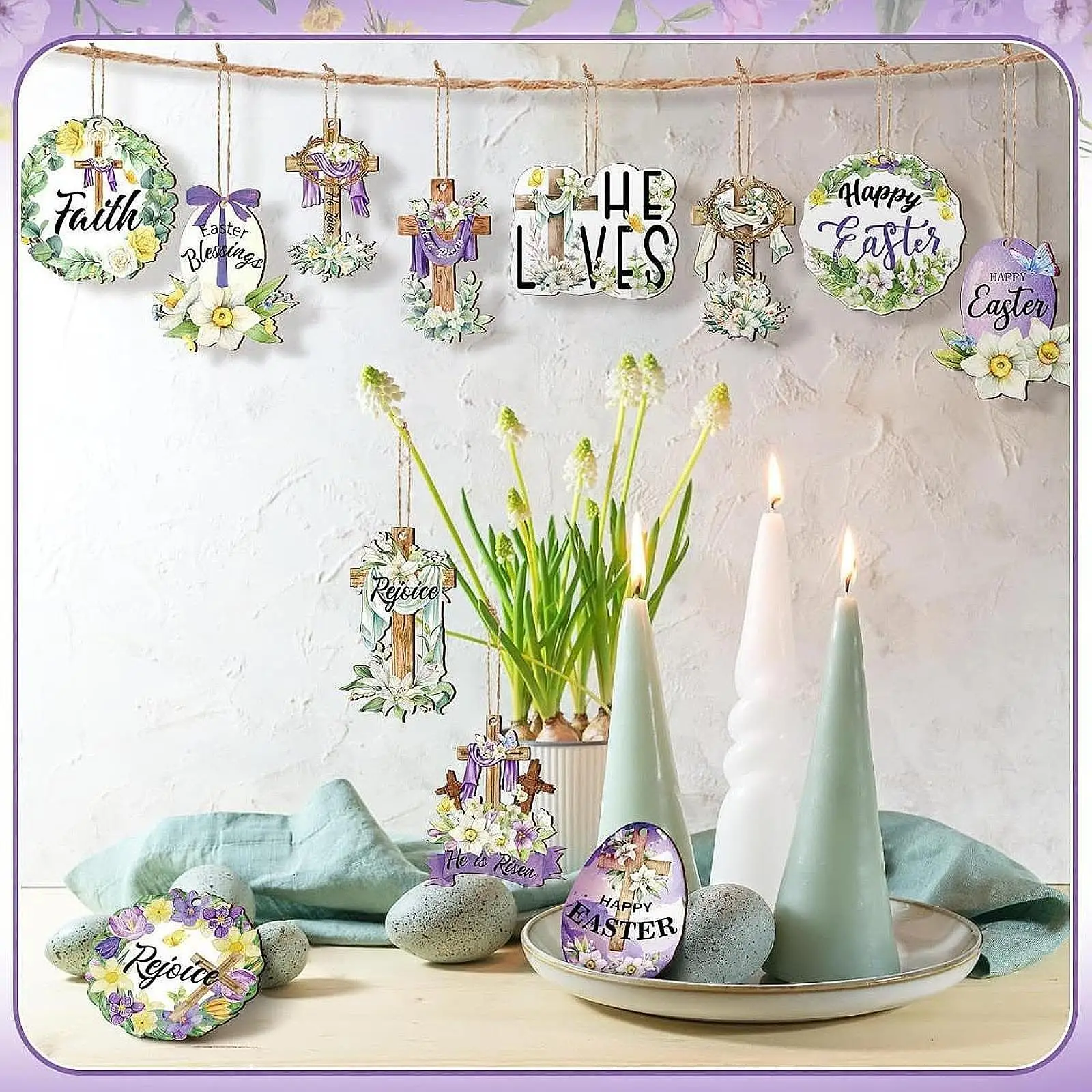 24 Pieces Easter Wooden Hanging Ornament Decorative Sign for Home Window