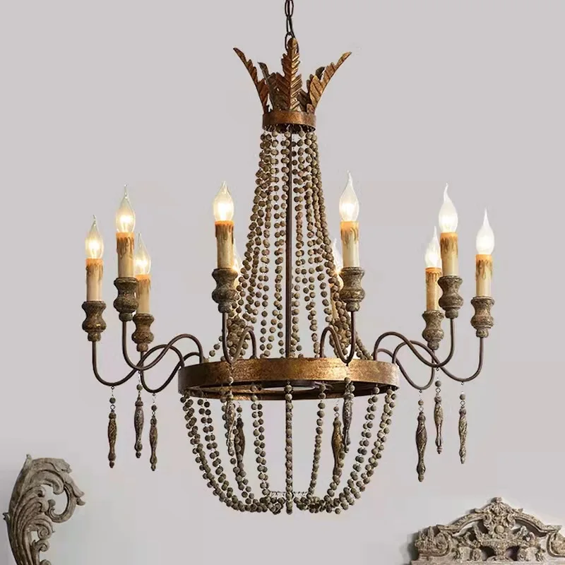 Creative American Retro Distressed Pendant Lamp For Living Room Home Decor Duplex Bronze Iron Wood Chandeliers Lamp E14 Led Bulb