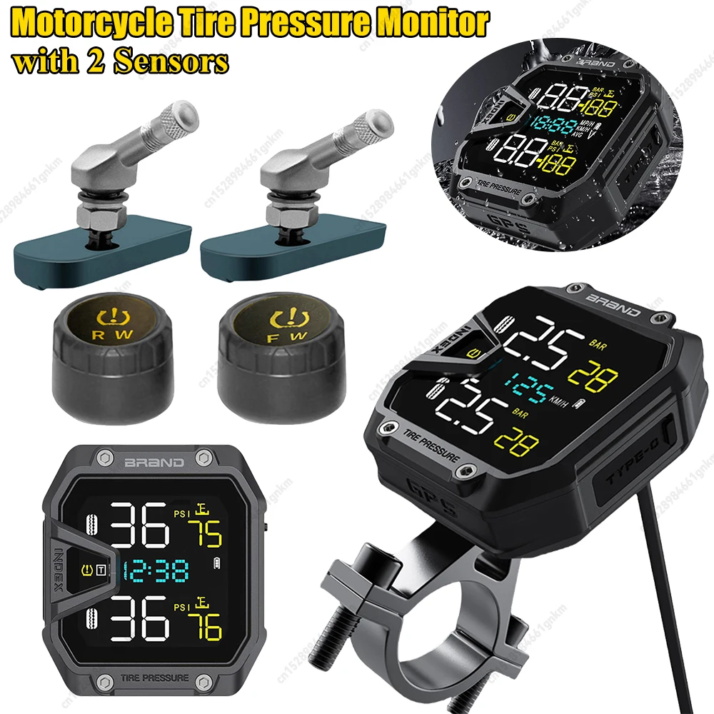 

Motorcycle Tire Pressure Monitor Wireless Motorbike Tire Pressure Temperature Detector Monitoring Alarm System with 2 Sensors