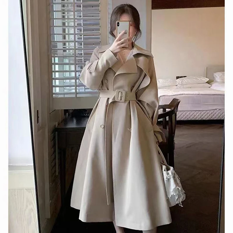 Creamy-white Trench coat Outerwear Women Mid-Length Versatile Spring and Autumn New Korean Series Small British Popular
