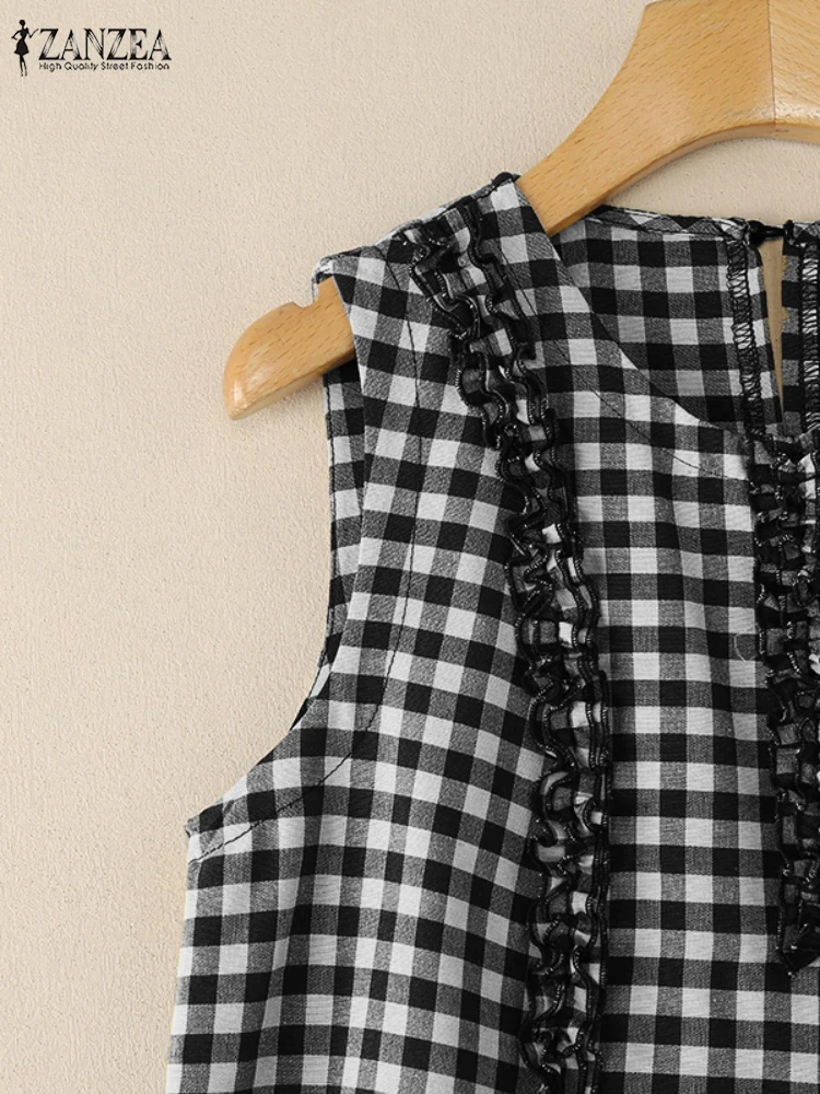 النساء خمر الكشكشة تقليم منقوشة الدبابات ZANZEA 2025 جديد عادية س الرقبة مقلوب الطيات فحص بلوزات بلا اكمام ملابس امرأة S-3XL