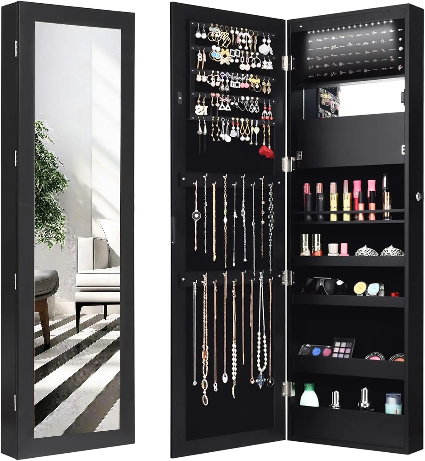 LED Jewelry Cabinet Wall Mounted Door Hanging, Lockable Jewelry Armoire with 47.2'' Full Length Mirror, Foldable Makeup Tray