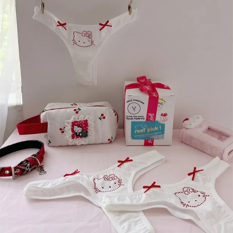 Hello Kitty Underpants Kitty Hot Diamond Bow Cotton Sports Thong Student Girl Underwear Kawaii Women Accessories Home Clothes