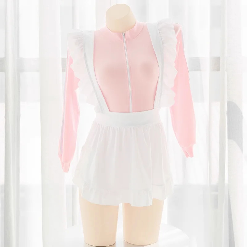 Anime Sexy Women Girl Cosplay Pink Sportswear Maid Strap Apron Uniform Suit Skinny Cute High Fork Bodysuit Set Underwear Costume