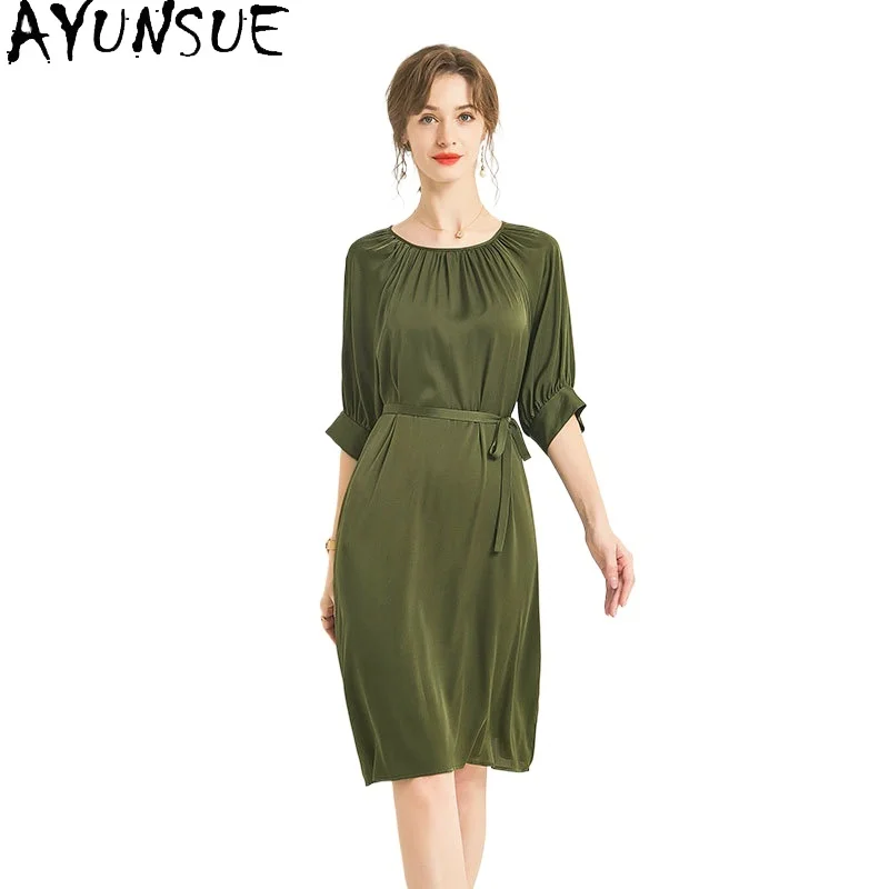 

AYUNSUE 92.3% Mulberry Silk Dress Women Elegant Women's Dresses 19MM Real Silk Dress Lace-up Summer Clothes Vestidos De Mujer