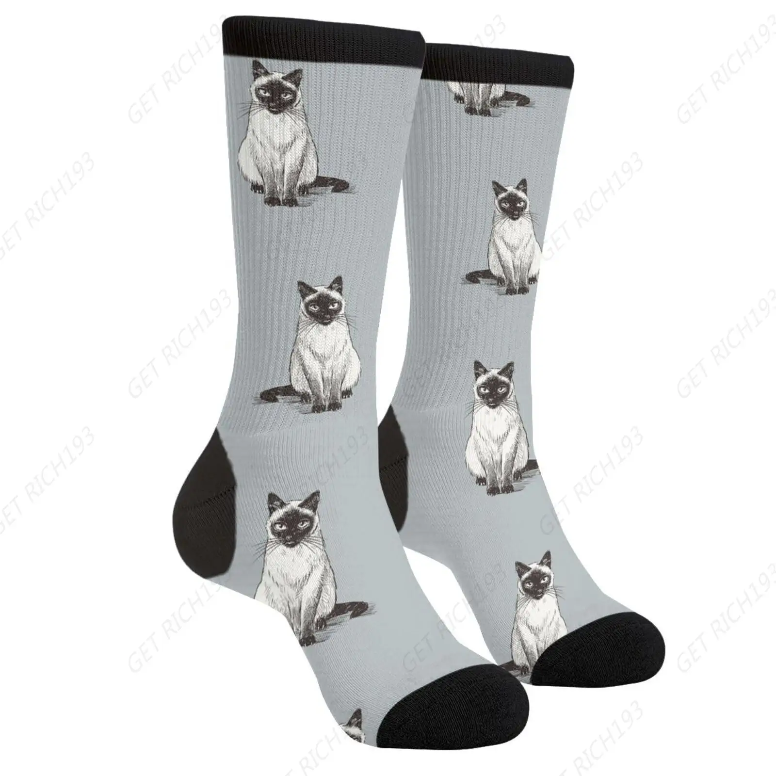 Black Cute Sitting Siamese Cat Unisex Casual Funny Crew Socks Gifts For Men Women