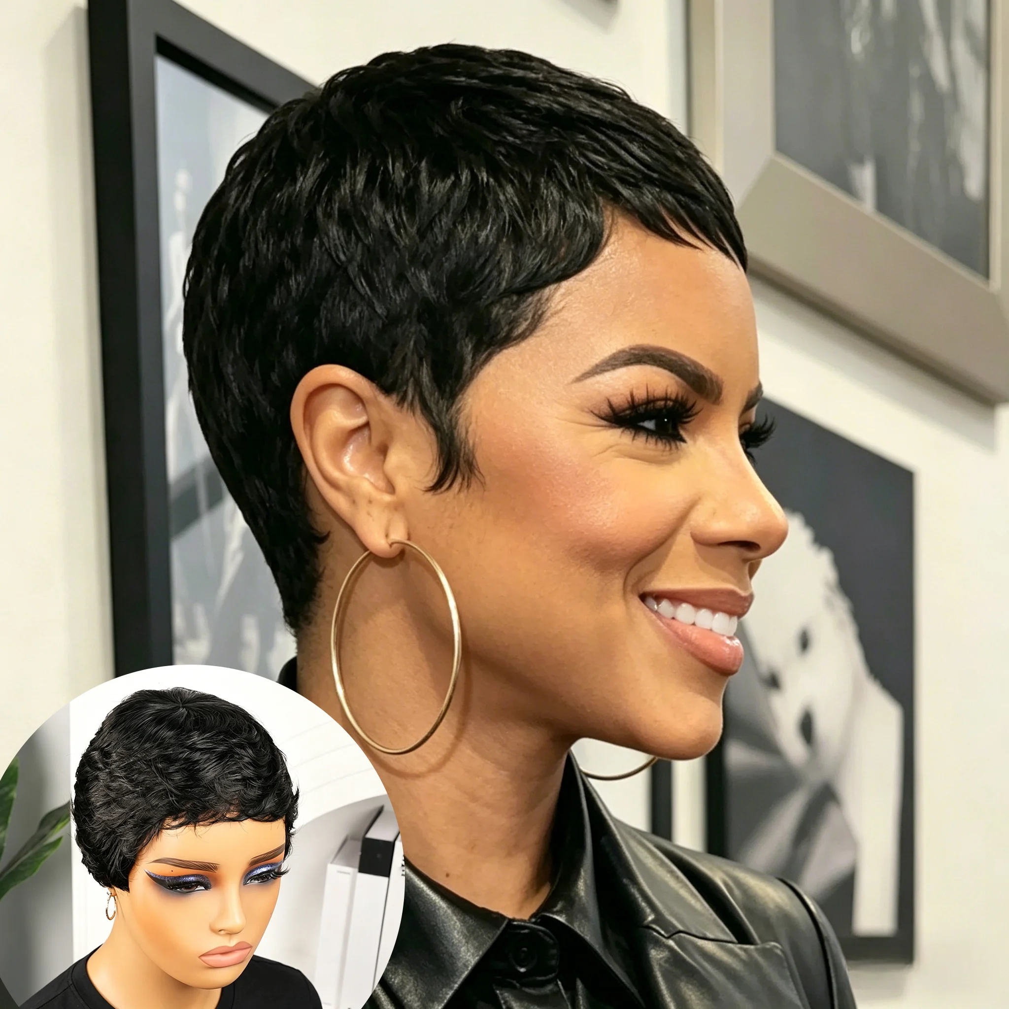 Women'S Black Short Pixie Cut Wig with Bangs Natural Look Brazilian Human Hair Full Machine Wig 150% Density for Daily Wear