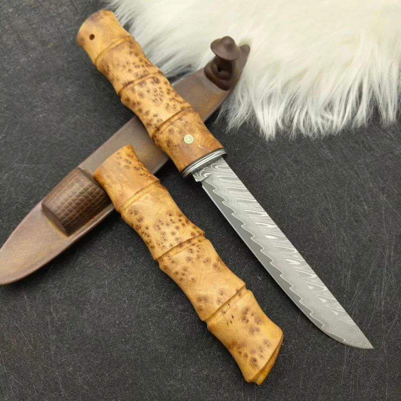 Damascus Steel EDC Knife, Outdoor Utility Knife with Gift Box