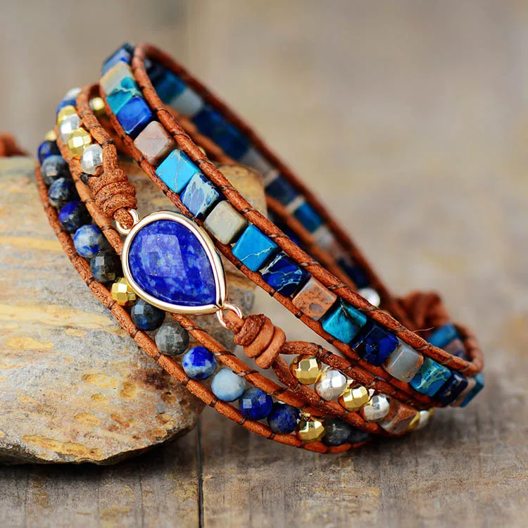 Popular elements hot-selling blue gold emperor stone multi-layer winding woven bracelet cowhide rope jewelry wholesale