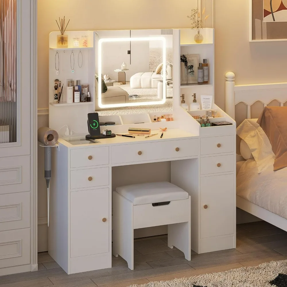 

Vanity Desk with Mirror and Lights, Makeup Vanity Table with Charging Station, Vanity with 5 drawers & Lots Storage Space, White