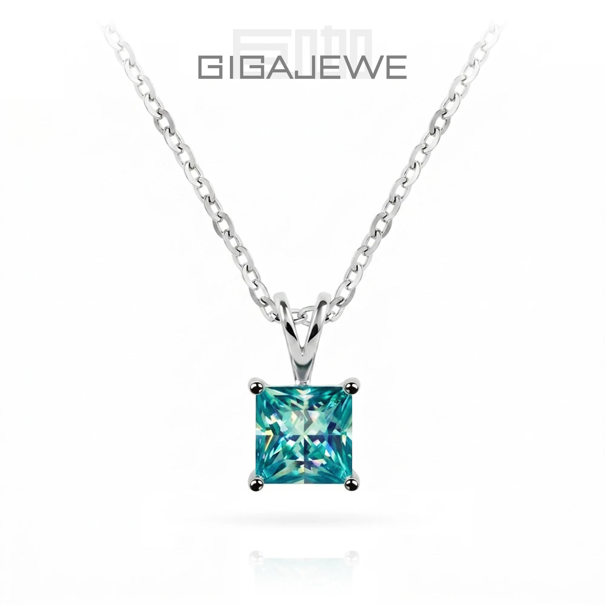 

GIGAJEWE 2.0ct 7mm Princess Cyan Moissanite Pendant Necklace Diamond Test Passed S925 Sterling Silver 18K Gold Plated Jewelry