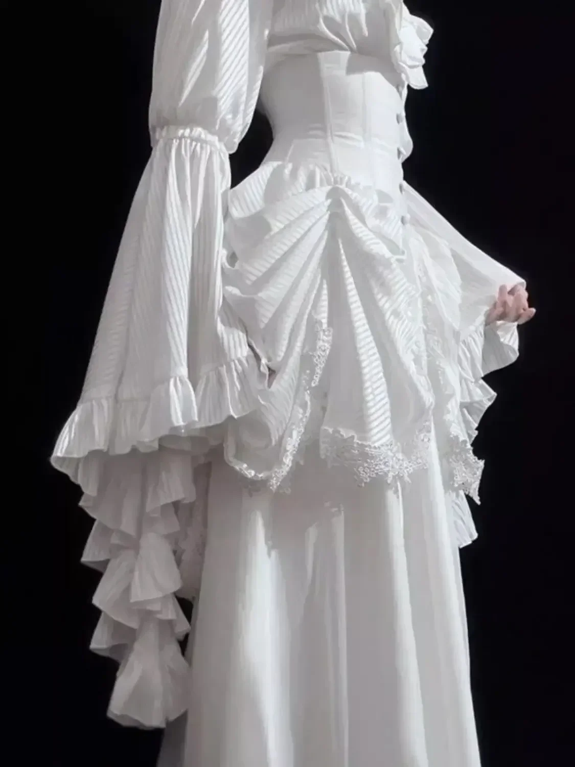 Dark Goth Slim Blouse Long Skirt 2-piece Set Lolita Shirts Pure White Black Ji Sleeves Shirt SK Fishbone High Waist Skirt Women view 2