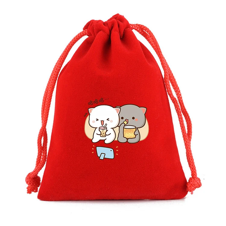 New Peach and Goma Gift Bag Cat Drawstring Bag Game Storage Bags Cute Print Flannel Drawstring Pouch Anime Kids Party Bag Gifts