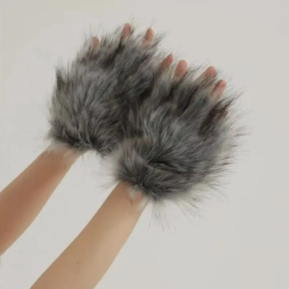 1 Pair Grey Wolf Gloves Hairy Texture Soft Material Halloween Costume Gloves Wolf Claw Gloves