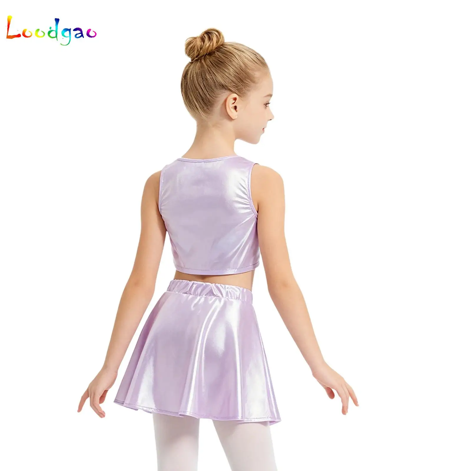 2Pcs/Sets Kids Girls Jazz Dance Costume Outfit Metallic Tank Crop Tops with Skirt for Ballet Dance Streetwear Stage Performance