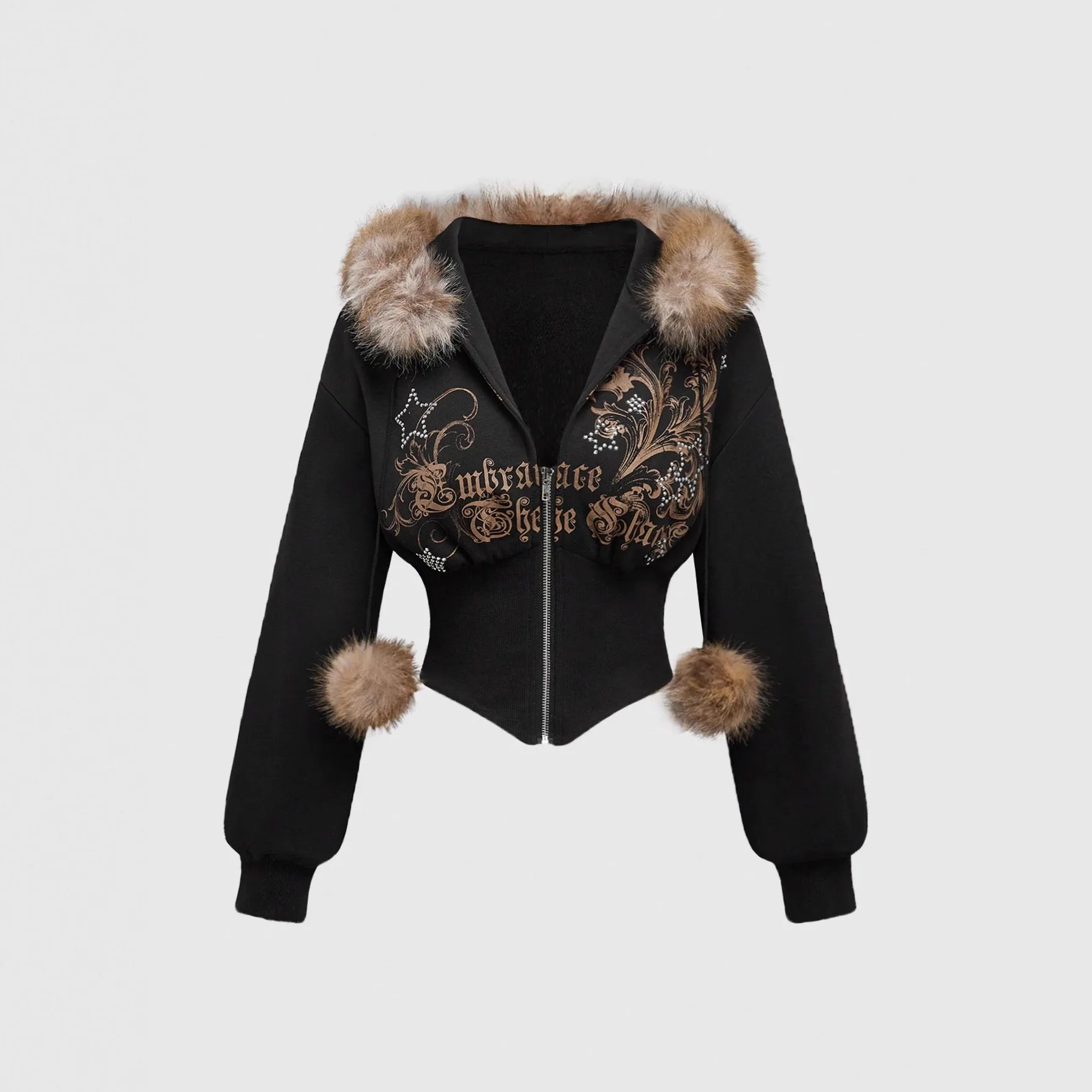 2026 Women's American Retro Faux Fur Trim Hoodie Zip Up Corset Waist Cropped Jacket For Spring Autumn view 4