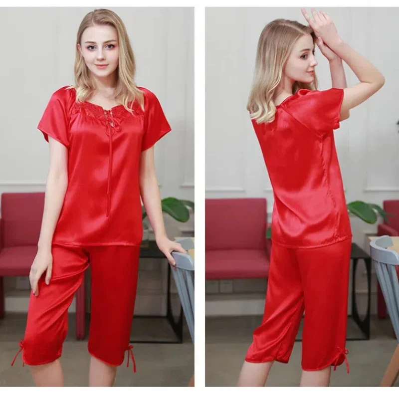 100% Mulberry Silk T-Shirt Shorts Sleepwear Sexy Lace Short Sleeves Pants Two-Piece Set Summer Ladies Short Pajamas Homewear Set