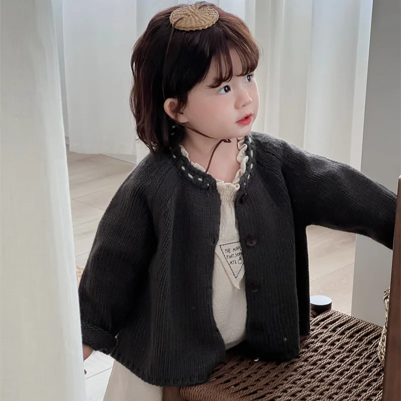 Boys' and Girls' Solid Color Knitted Cardigan Coat Autumn Korean Children's Coarse Needle Round Neck Sweater