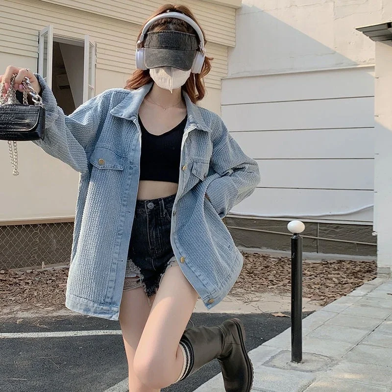 

High Quality Loose Casual Petite Women's New Spring Autumn Designer Jacquard Denim Jacket Simple Versatile Ins Korean Top