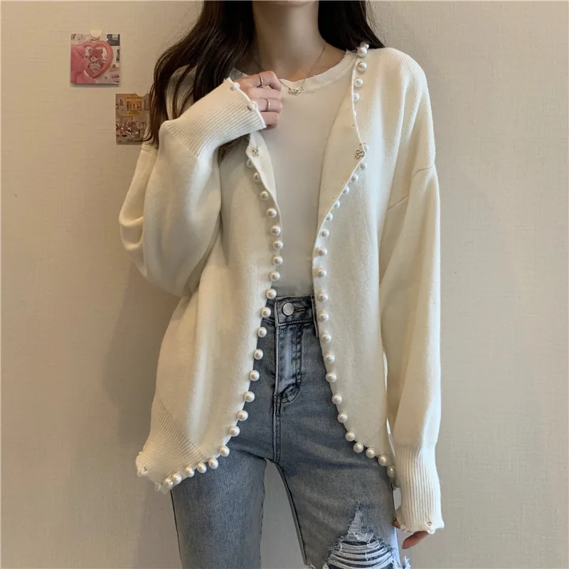 Korean Version Of The Sweater Fashion Trend Pearl Loose Sweater Ladies New Autumn And Winter Long-sleeved Solid Color Cardigan