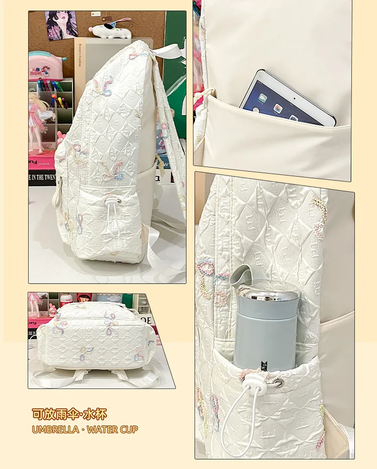 Colorful Bow Full Print Ruched Fabric Backpack Four Colors Available Large Capacity Girls Junior High High School School Bag