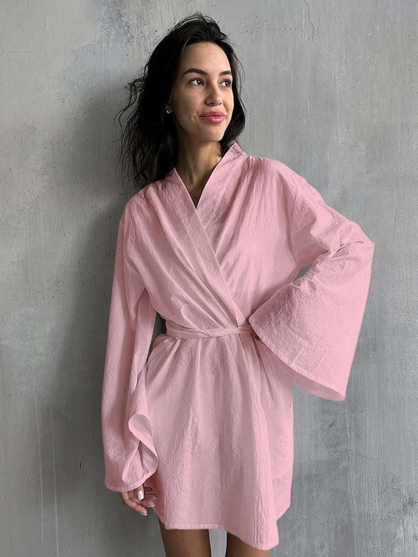 Marthaqiqi Cotton Spring Female Pajamas Long Sleeve Robe Sexy V-Neck Sleepwear Lace Up Bathrobe Casual Solid Home Clothes Women