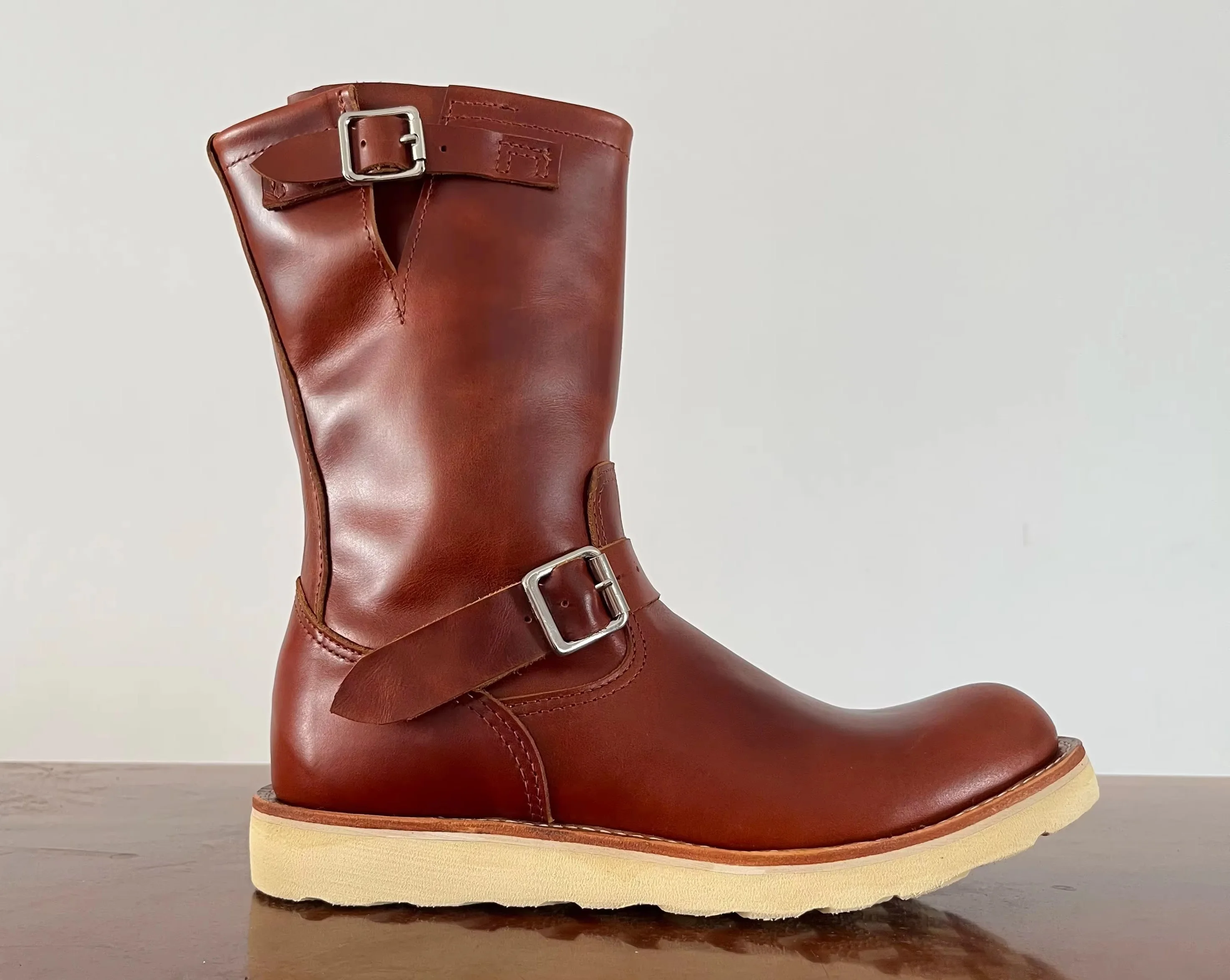 EB800 Men High Shaft Engineer Leather Boots Goodyear Welt Vintage Buckle Strap Thick Sole Motorcycle Boots For Men Daily Wear