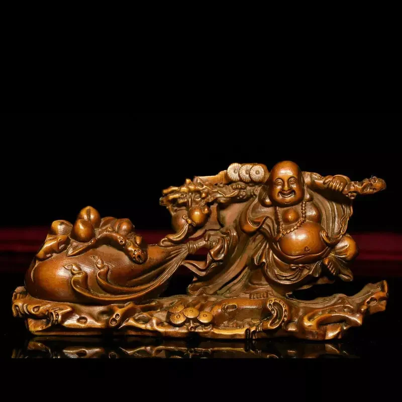 

China Hand Carved Boxwood Wood Money Bag Happy Laughing Maitreya Buddha Statue